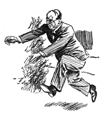 man in suit wearing glasses running with both arms extended in front of him