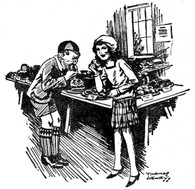 table covered in plates of donuts an cakes with little girl daintily eating a piece and a boy with mouth wide open trying to eat a whole donut