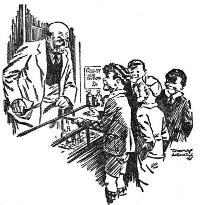 the four Outlaw boys standing in front of a store counter, William addressing a bald man in white coat