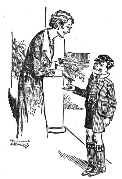 smiling lady giving money to William on her front porch