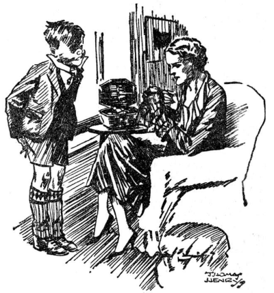 mother seated in a chair mending a sock while William stands in front of her in his best manner pose
