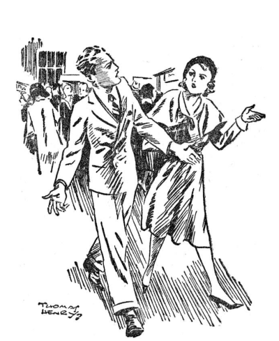young man and woman walking out of a crowded room, she ranting and he with both arms out in defence