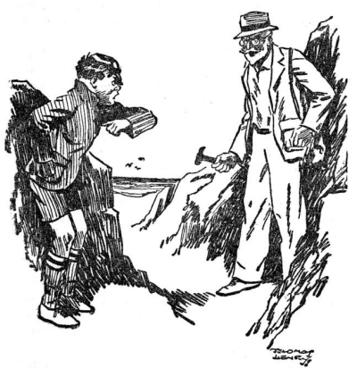old bearded man with a pick in his hand wearing a hat yelling a William who has a vengful face and is pointing with left hand with right arm akimbo