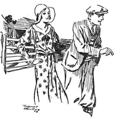 young man and woman standing in fron of a gat, man holding a coin
