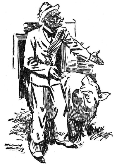 moustached old man in light suit and hat pointing to a large pig next to him