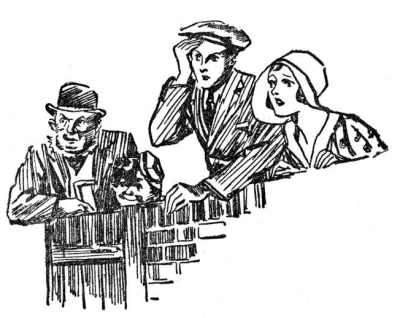 4 people looking over a fence: farmer and young girl in disbelief, William grinning and young man with hand to his head in disbelief