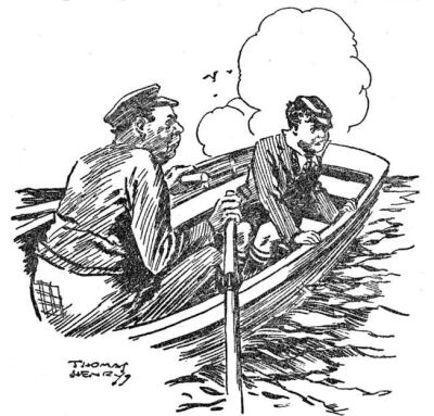 William and man in a wooden rowboat on the water