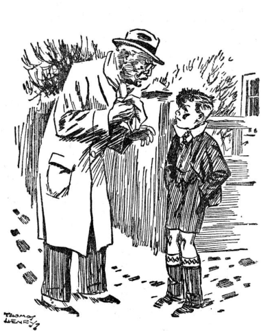 old moustached man with glasses wearing a coat and hat leaning over William, hands in pockets, in front of a fence