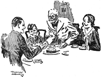 Robert, Eleanor, William and the Colonel sitting at a table for tea all smiles, Colonel shaking Robert’s hand