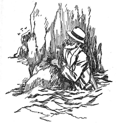 Same bearded man with hat waist-deep in water clinging to rocks