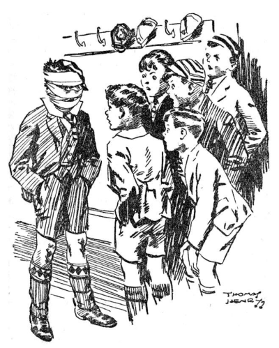 William standing with bandages wrapped around his head before 5 boys with gaping mouths