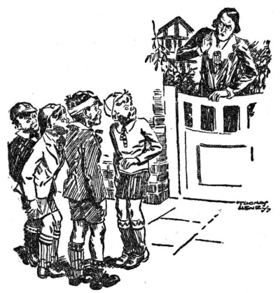 old lady standing at a half gate frowning at 4 boys standing on the sidewalk