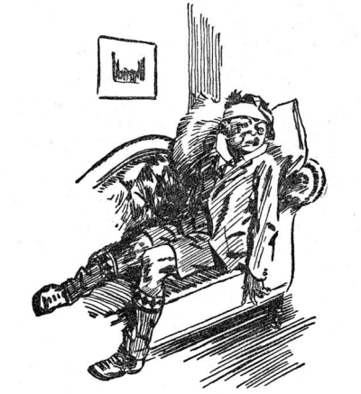 William leaning on a sofa with bandaged head and swollen cheek looking doleful