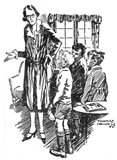 old lady with glasses speaking to 3 boys