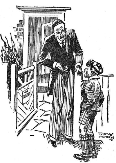 man in striped pants and long-tail coat standing a house gate talking to William
