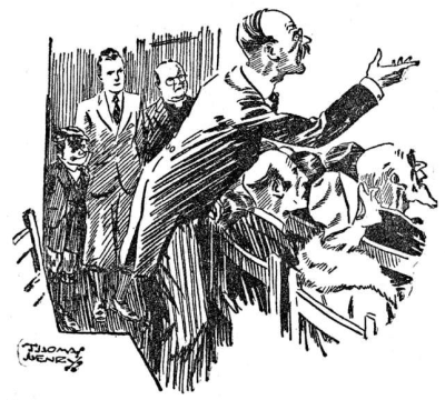 man standing up motioning with his hands while William and two men stand at doorway watching