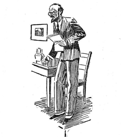 bearded man wearing glasses in pinstriped suit standing on a platform and holding papers in left hand while right hand a clenched fist