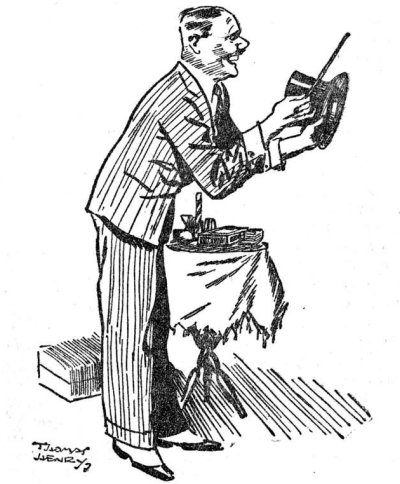 man in pinstrped suit standing beside table holding a top hat and wand