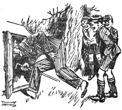 man in pinstriped suit ducking into wood shed while Willam and two boys smile