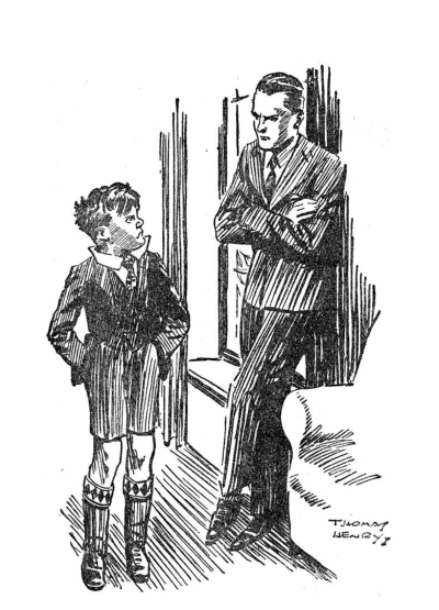 Robert in a suit with arms crossed looking down at William with hands in pockets and a menancing stare back