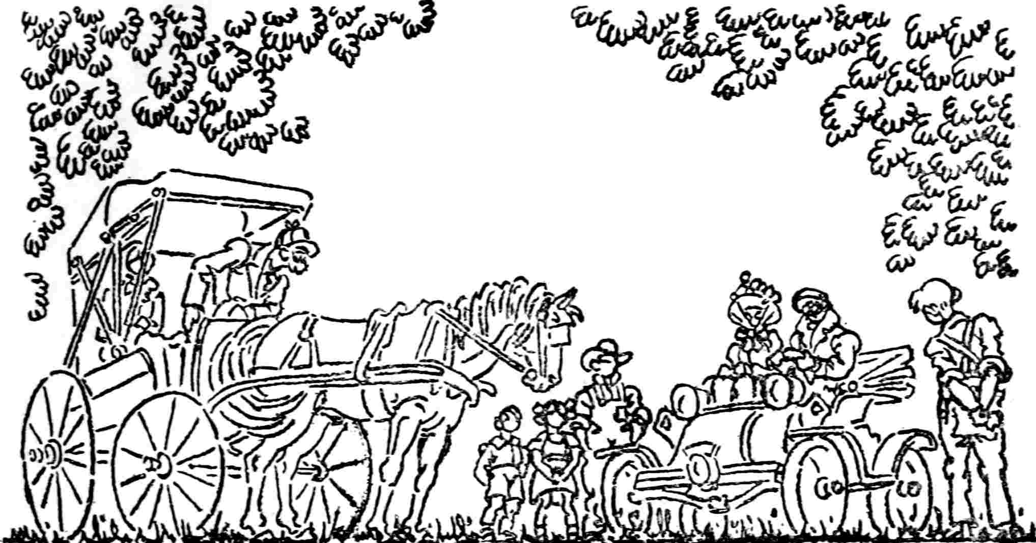 Road scene with a horse-drawn carriage and an old car