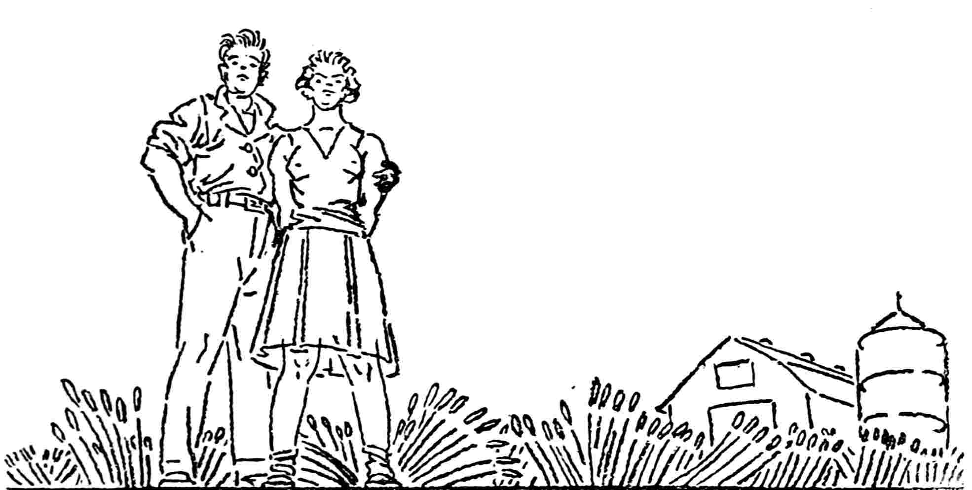 Couple standing in front of farm buildings