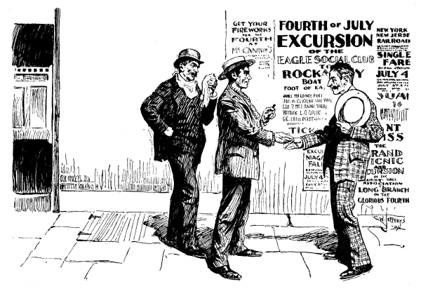 two gentlemen freeting a third on a sidewalk in front of Fourth of July placard