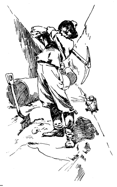 man in knee-high boots and hat swinging pick axe over his head