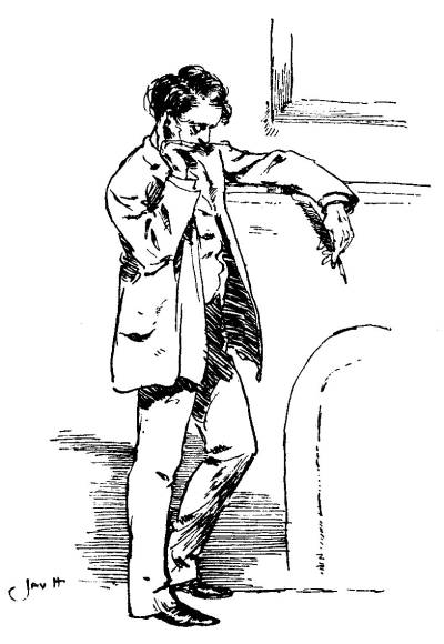 man leaning against fireplace in thinking mode