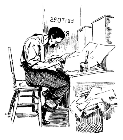 Editor hunched over his desk cutting and pasting newsprint