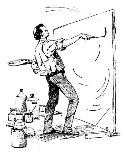 painter standing in front of full-lengh canvas with pots of paints