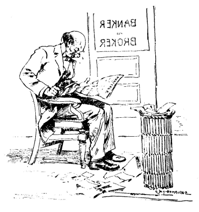 man in suit seated behind door marked Banker and Broker clipping articles from newspaper
