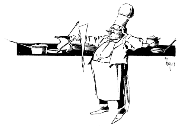 fat moustached man wearing large chef hat smiling with large menu list in hand