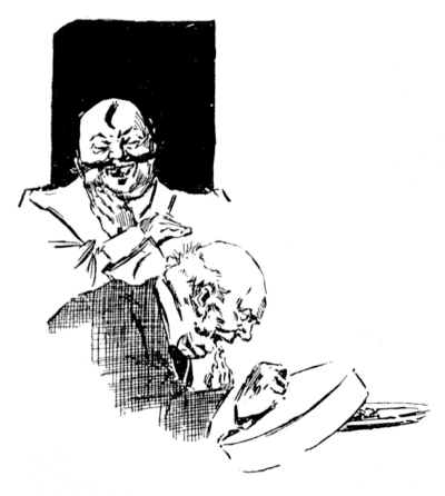 smiling chef standing behind seated balding man at table leaning over the lid as he removes it from his plate