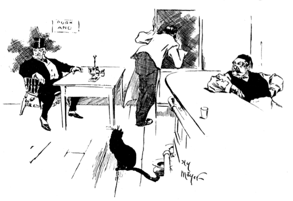 man in top hat sitting a table, waiter shouting down a chute, turbaned man sitting at bar, cat in the foreground