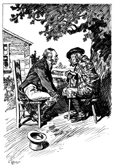 two men seated outside in chairs facing each other: one in suit looking at other old man leaning on a cane with his tongue out