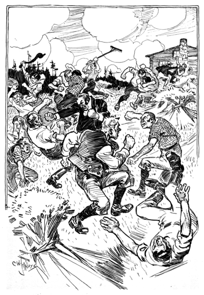 over a dozen men and women fighting with fists and farm tools in the hay field