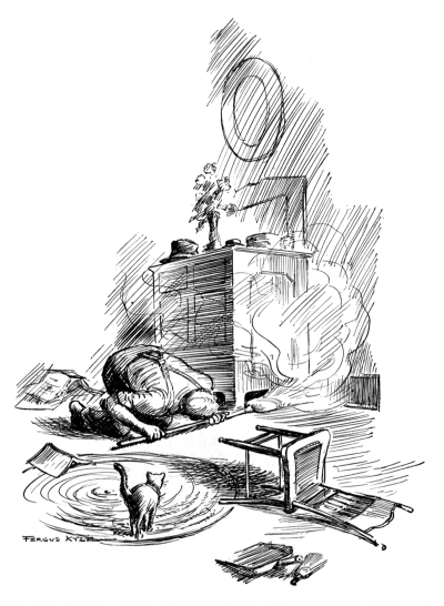 man with a broom sweeping a cloud of dust under a cabinet