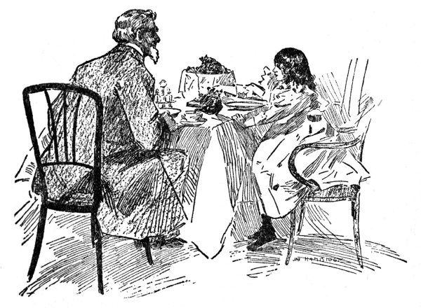 bearded man and little girl sitting at a table, girl pouring tea