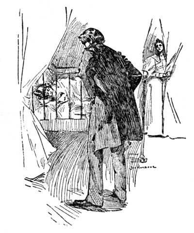 man looking down at little girl asleep in bed, woman looking on