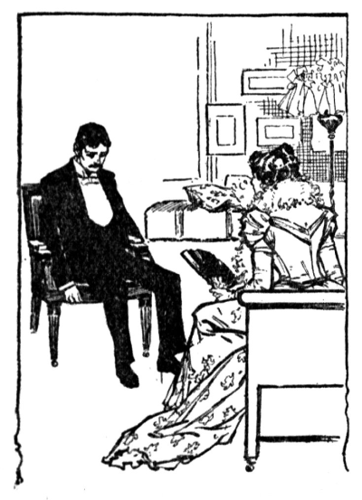 man in black tuxedo sitting with chin on chest facing woman seated on couch
