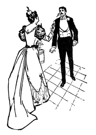woman in evening dress approaching young man in black tuxedo