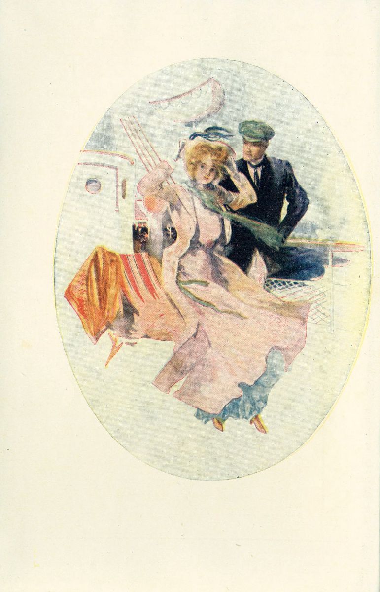 color watercolor of red-haired lady in pink coat-dress sitting deck-chair with gentlemen in cap leaning over her
