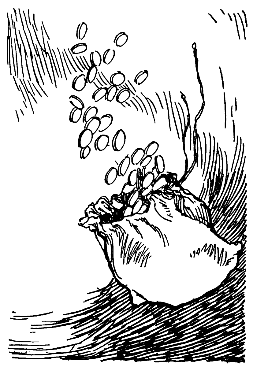 a bag of coins with coins in the air