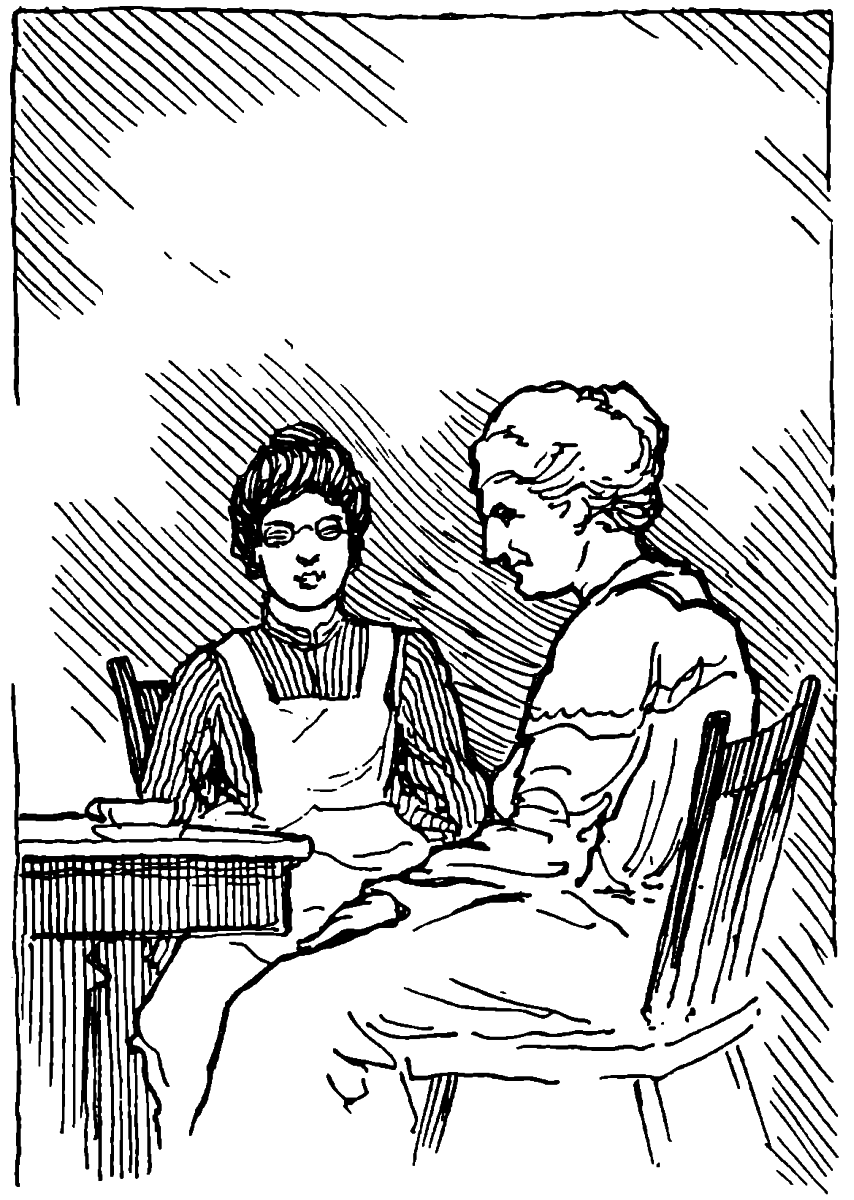 an old lady sitting in a chair head down and a younger woman wearing glasses sitting beside her