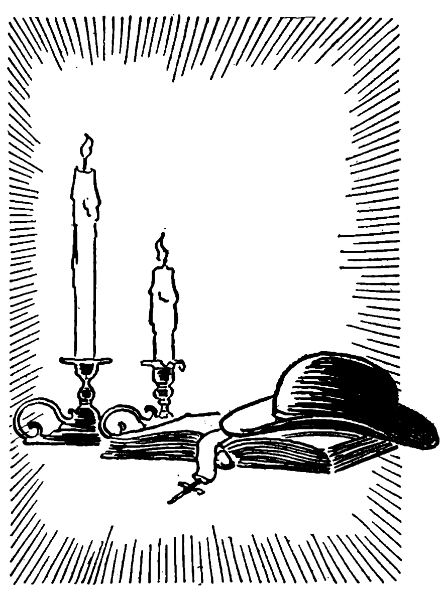 2 candles buring in candlestick holders and le Curé’s hat on an open book