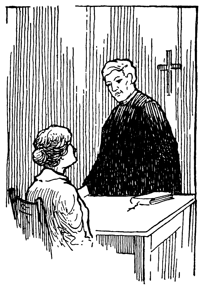 seated woman looking up to standing priest