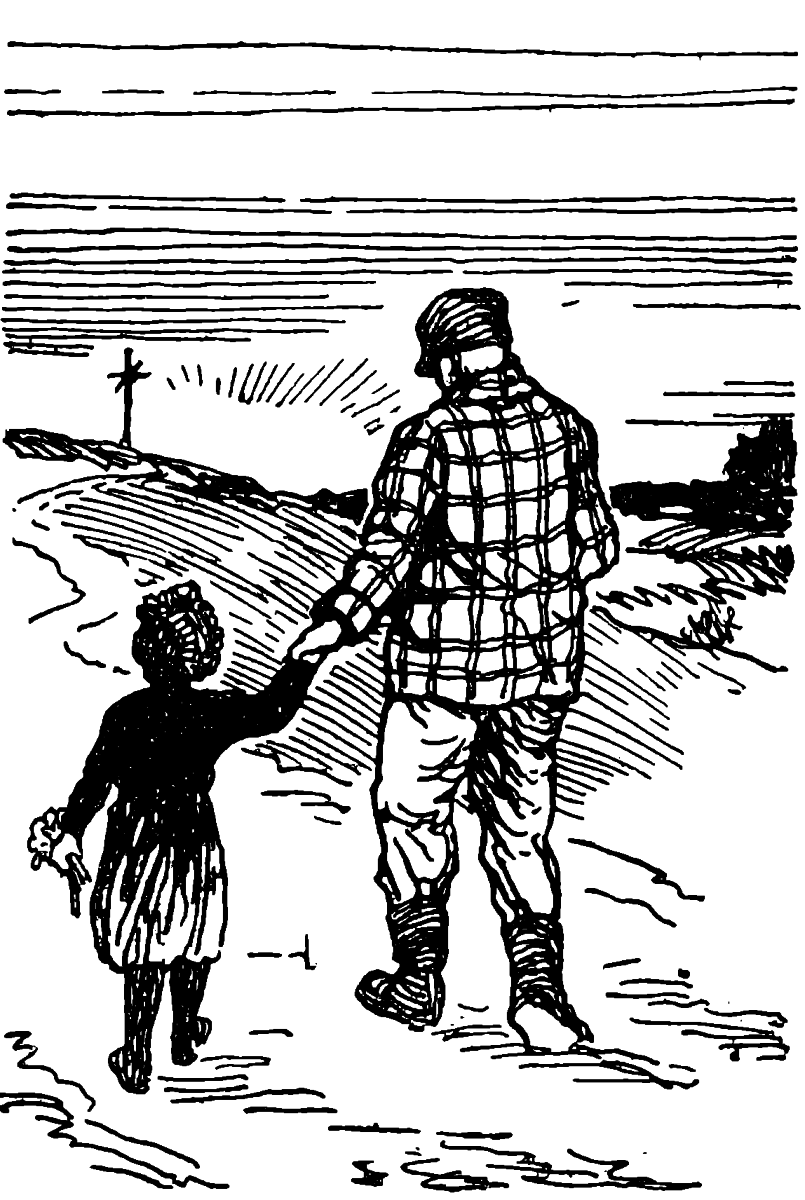 man with cap and checked jacket holding hand of little girl holding flowers as they walk up to the cross