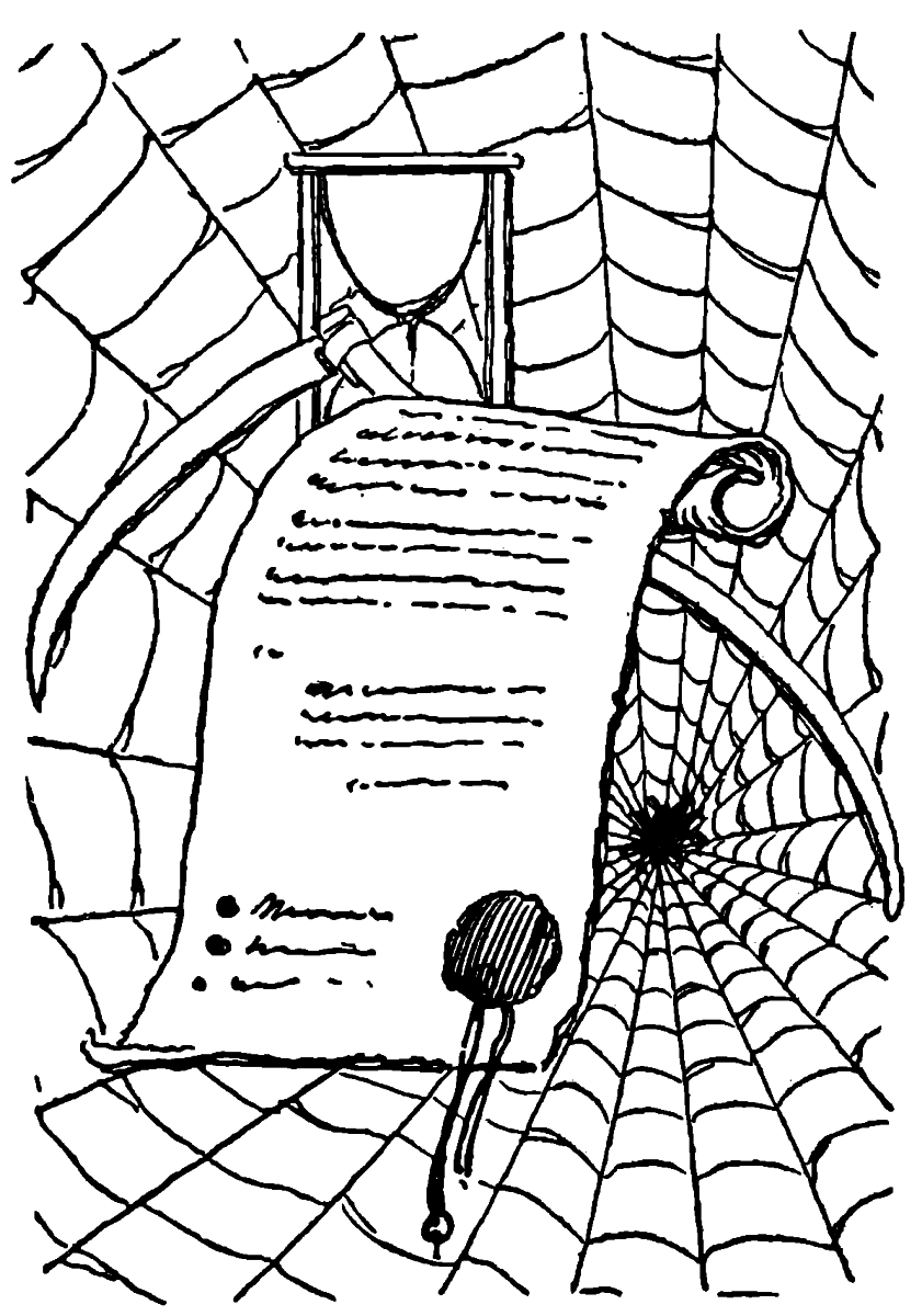 unscrolled document with seal in front of a reaper and hourglass with spiderweb backdrop
