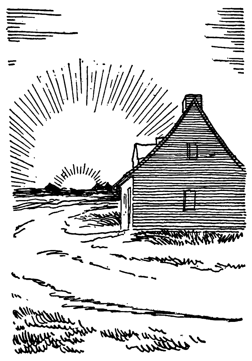 side of a two-story wood frame house on a road with a sunrise background